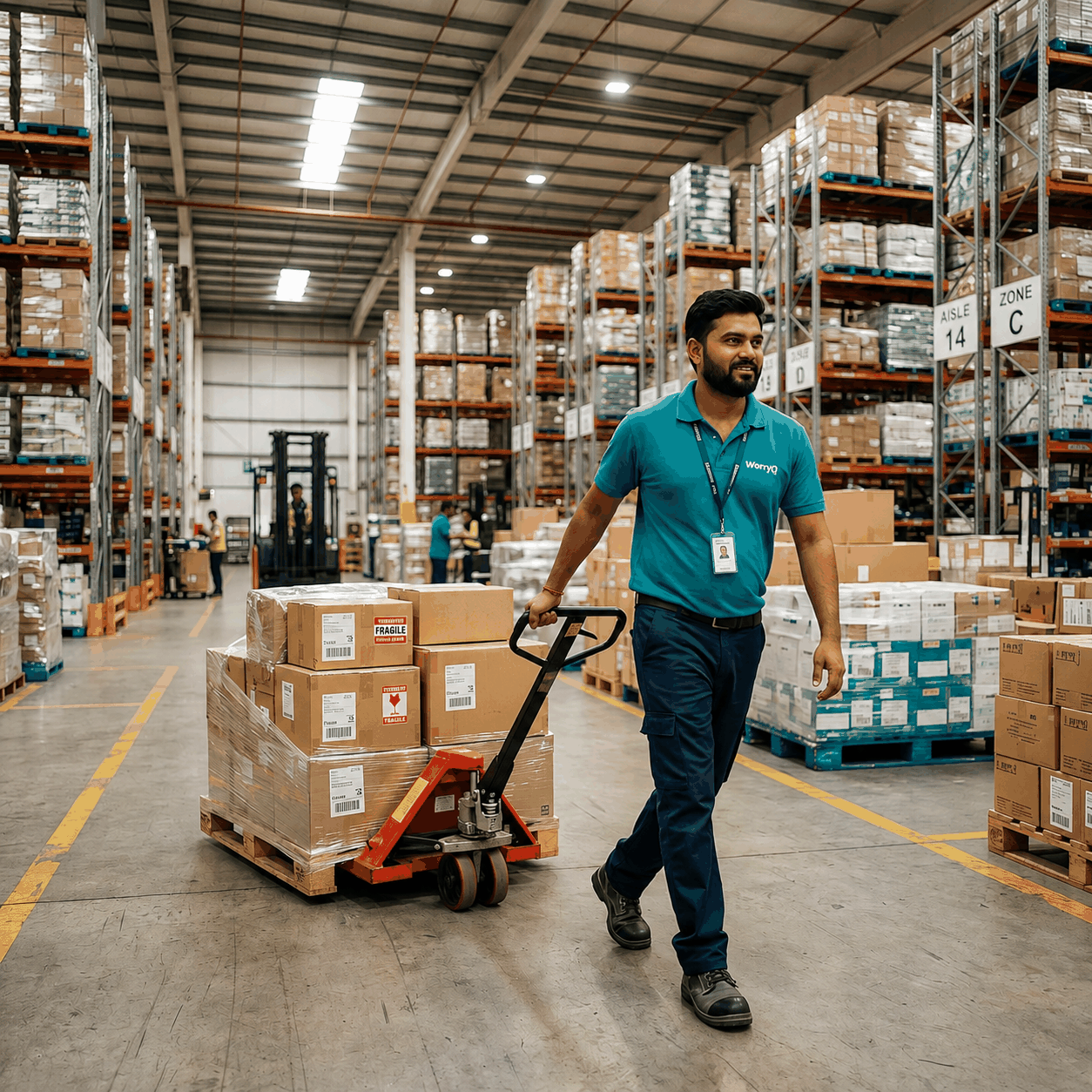WorryQ warehouse helper managing inventory at Ahmedabad GIDC facility