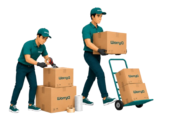 WorryQ uniformed helpers moving boxes